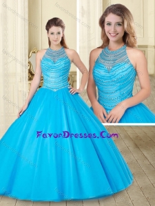 See Through and Beaded Baby Blue Sweet 16 Dress with Halter Top