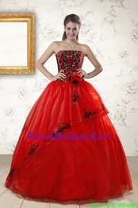 Gorgeous Red Appliques Strapless Quinceanera Dresses with Hand Made Flower
