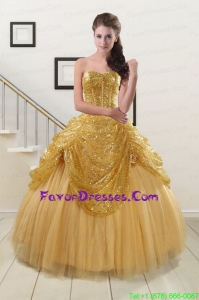 Gorgeous Sweetheart Sequined Gold Quinceanera Dresses with Lace up