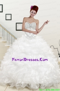 Gorgeous Sweetheart Sweep Train Beading and Ruffles Quinceanera Dress in White