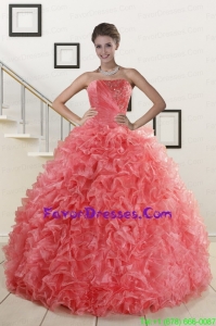 2015 Gorgeous Watermelon Red Sweet 15 Dress with Beading