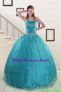 Gorgeous Spaghetti Straps Appliques Sequins Turquoise Quinceanera Dresses for 2015