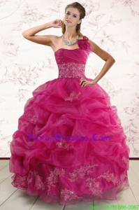Impression One Shoulder Appliques and Pick Ups Quinceanera Dresses in Fuchsia