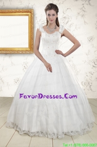 2015 In Stock Straps Quinceanera Dresses with Appliques and Beading
