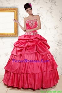 Coral Red Hot Appliques In Stock Quinceanera Dresses with Pick Ups