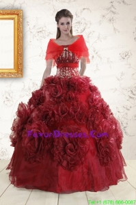 In Stock Wine Red Quinceanera Dresses with Hand Made Flowers
