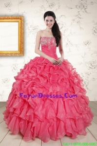 Hot Pink Strapless Pretty Quinceanera Dresses with Beading and Ruffles