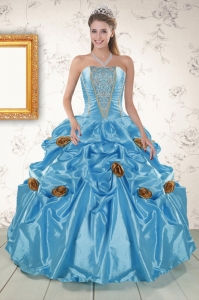 In Stock Aqua Blue Quinceanera Dresses with Beading and Hand Made Flowers