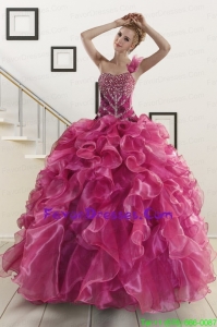 In Stock Beading One Shoulder Quinceanera Dresses in Fuchsia