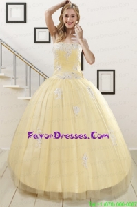 In Stock Light Yellow Sweet 16 Dresses with White Appliques