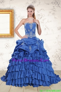 In Stock Royal Blue Appliques and Pick Ups Quinceanera Dresses with Brush Train