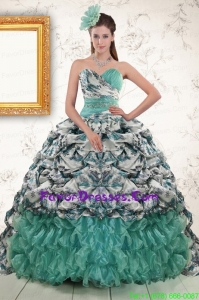 In Stock Turquoise Sweep Train Quinceanera Dresses with Beading and Picks Ups