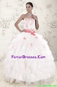 In Stock White Quinceanera Dresses with Pink Appliques and Ruffles