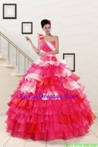 Multi Color One Shoulder Pretty Quinceanera Dresses with Ruffled Layers and Flower