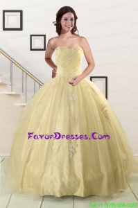 Pretty Appliques Quinceanera Dress in Light Yellow for 2015