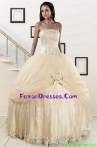 Pretty Champagne Quinceanera Dresses with Appliques and Hand Made Flower
