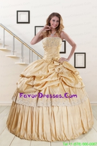 Pretty Champagne Quinceanera Dresses with Appliques and Pick Ups