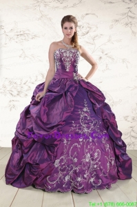 Pretty Strapless Embroidery Purple Quinceanera Dresses with Pick Up