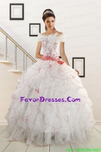 Pretty White Quinceanera Dresses with Pink Appliques and Belt