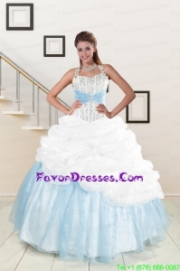 Pretty White and Blue Ball Gown Quinceanera Dress with Halter Top