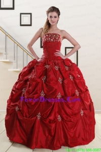 Unique Strapless Wine Red Appliques Quinceanera Dresses with Pick Ups