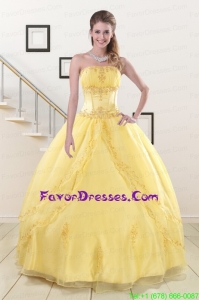 Unique Yellow 2015 Quinceanera Dresses with Appliques and Beading