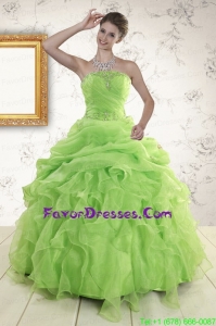 Green Strapless 2015 Unique Quinceanera Dresses with Beading and Ruffles