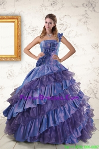 Purple One Shoulder Unique Quinceanera Dresses with Hand Made Flowers and Ruffles