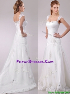 Exquisite Square Tulle Mermaid Brush Train Wedding Dress with Beading