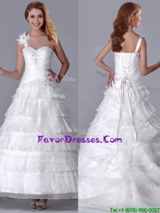 New Style One Shoulder Organza Brush Train Wedding Dress with Beading and Ruffled Layers