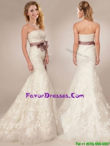 Classical Mermaid Strapless Side Zipper Wedding Dresses with Lace and Sashes
