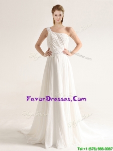 Elegant One Shoulder Court Train Wedding Dresses with Beading and Ruching
