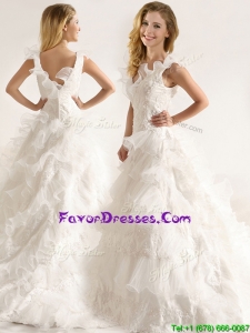 Fashionable Applique and Ruffled Layers Wedding Dresses with Deep V Neck
