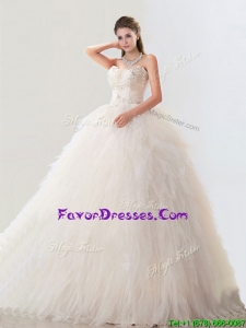 Fashionable Deep V Neckline Wedding Dresses with Beading and Ruffles