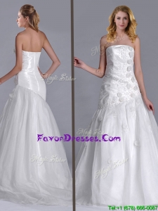 Popular Column Brush Train Wedding Dress with Beading and Hand Crafted