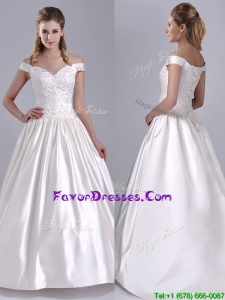 Exquisite Ball Gown Off the Shoulder Brush Train Beaded Bridal Dress in Satin