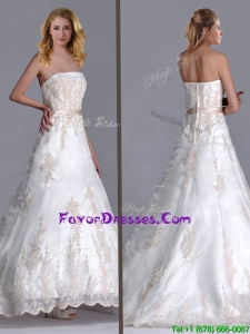 Popular Princess Strapless Applique and Belted Wedding Gown with Brush Train