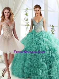 Gorgeous Rolling Flowers Deep V Neck Detachable Quinceanera Skirts with Cap Sleeves