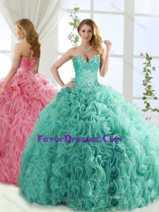 Popular Rolling Flower Mint Detachable Quinceanera Skirts with Brush Train