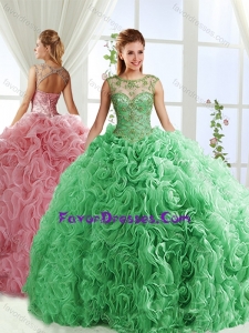 See Through Beaded Scoop Sweet 16 Dresses with Rolling Flower