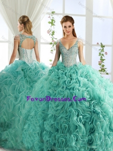 Sexy Deep V Neck Mint Sweet 16 Dresses with Beading and Appliques