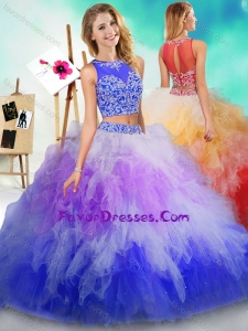 Beaded and Ruffled Popular Quinceanera Gown in Rainbow Colored