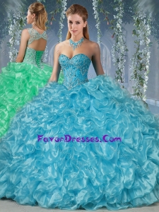 Gorgeous Beaded and Ruffled Big Puffy Exquisite Quinceanera Dresses in Aqua Blue