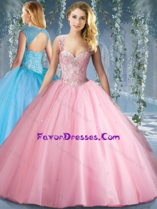 Lovely Pink Big Puffy Beaded Sweet 16 Dresses with Brush Train