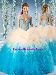 Modest Beaded Decorated Cap Sleeves Exquisite Quinceanera Gown in Blue and Champagne