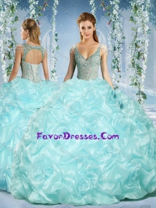 Popular Cap Sleeves Beaded Light Blue Quinceanera Gowns with Deep V Neck