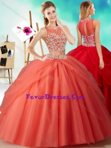 Two Piece See Through Beaded Sweet 16 Dresses in Orange Red