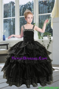 2015 Fashionable Black Straps Sequins Ruffles Organza Little Girl Pageant Dress