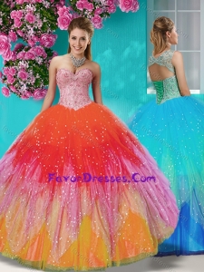 New Style Rainbow Beaded and Applique Quinceanera Dress with Detachable Straps