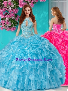 Pretty Beaded and Ruffled Big Puffy Sweet 16 Dresses with Halter Top